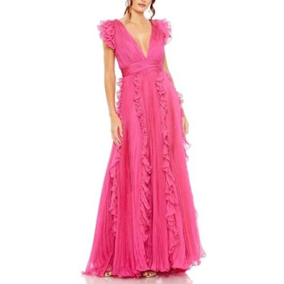 Mac Duggal Pink Ruffled Maxi Dress Flowy Pleated Deep V-Neck Evening Gown Size 4 - Picture 2 of 16